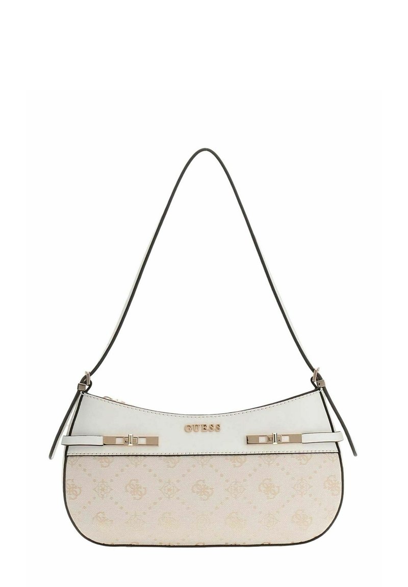 Sac à bandoulière blanc et beige avec un design incurvé, des accents de logo et des éléments dorés. Présente un motif texturé le long du corps.