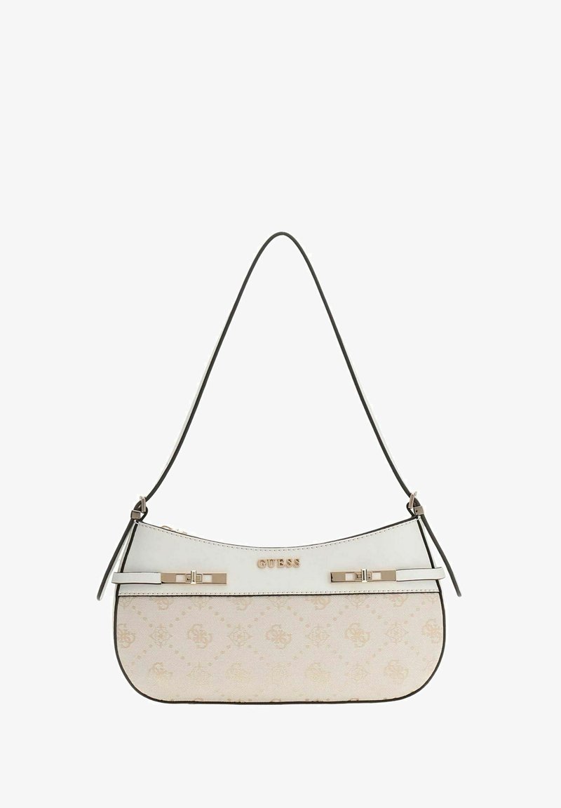 Sac à bandoulière blanc et beige avec un design incurvé, des accents de logo et des éléments dorés. Présente un motif texturé le long du corps.