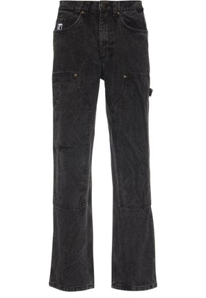 Sorte denim cargo bukser med en afslappet pasform, der har sidelommer og baglommer, diskret slid og synlige syninger.