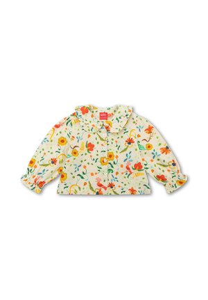 Bloemmotief blouse met een zachte, lichtgele achtergrond, knoopsluiting aan de voorkant en een gerimpelde kraag. Heeft elastische manchetten en levendige kleuren.