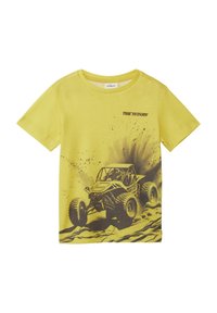 Gelbes Baumwoll-T-Shirt mit einem schwarzen Grafikdesign eines Geländefahrzeugs, darüber steht der Text "Zeit zum Genießen".