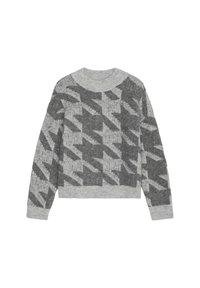 Pulover gri din tricot cu un model geometric în gri mai închis, cu decolteu rotund și mâneci lungi. Textură moale și croială lejeră.