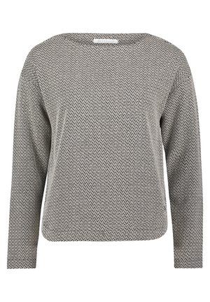 Długo-sleeve szary i biały wzorzysty top z kwadratowym dekoltem i luźnym krojem, wykonany z teksturowanej, lekkiej tkaniny.