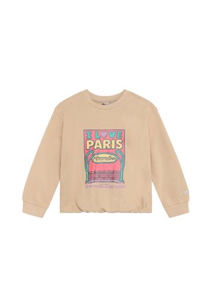 Beiger Pullover mit langen Ärmeln, farbiger "I love Paris Métropolitain" Grafik und dekorativer Illustration eines Pariser U-Bahn-Eingangs.