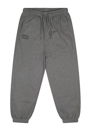 Pantaloni della tuta grigi con vita e polsini elasticizzati, tasche frontali, coulisse e logo "Russell Athletic" sulla coscia sinistra.