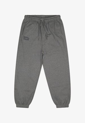 Pantaloni della tuta grigi con vita e polsini elasticizzati, tasche frontali, coulisse e logo "Russell Athletic" sulla coscia sinistra.