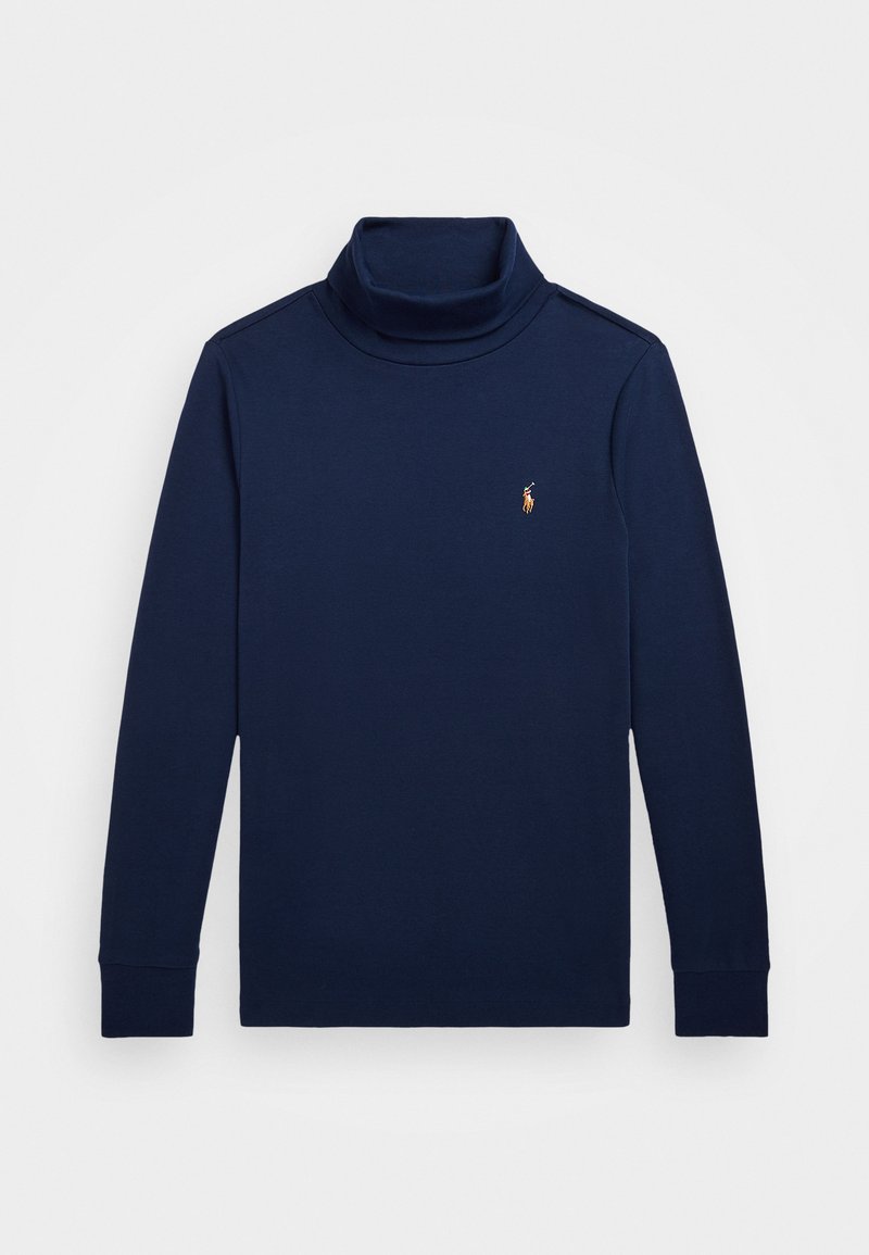 Pull col roulé bleu marine en coton. Il possède des manches longues, une coupe ajustée et un petit logo brodé sur la poitrine.