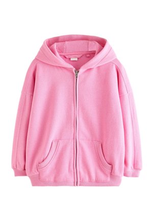 Hanorac roz cu fermoar, buzunare frontale, manșete striate și glugă, prezentat pe un fundal alb.