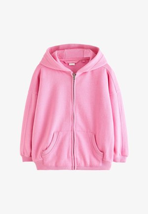 Roza jopa z zadrgo, sprednjimi žepi, rebrastimi manšetami in kapuco, prikazana na belem ozadju.