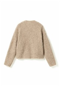 Beige, pitkähihaista, kuvioitua villapaitaa esitetään avattuna niin, että näkyy takapuoli, jossa on yksinkertainen pyöreä v-pääntie ja suora helma.