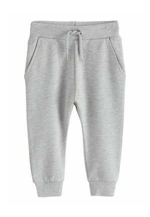 Grå sweatpants med ribbet talje og manchetter, snøre lukning og sidelommer, lavet af et blødt stof.