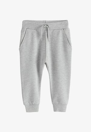 Lysegrå småbørns joggingbukser med ribbet linning og manchetter, justerbar snøre og sidelommer, på hvid baggrund.