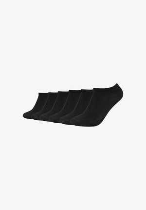 Sechs Paar schwarze, niedrig geschnittene Knöchelsocken, in einer Reihe auf weißem Hintergrund angeordnet.