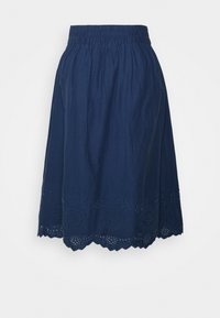 Tummansininen puuvillahame, jossa on joustava vyötärö, A-linjainen muoto ja koristeellista silmäpihan brodeerausta helmassa. Pehmeä tekstuuri.