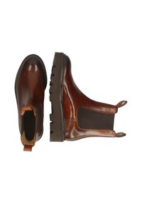 Botas Chelsea de cuero marrón con paneles laterales elásticos, tiradores y una suela de goma gruesa con un dibujo profundo para mayor agarre.