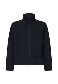 Black softshell jacket with a high collar, zip front, and multiple zippered pockets. Features a smooth texture and fitted cuffs.