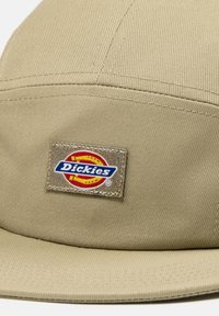 Vaalea hattu, joka on valmistettu teksturoidusta kankaasta, ja siinä on suorakulmainen brodeerattu applikointi, jossa on monivärinen "Dickies"-logo etuosassa.