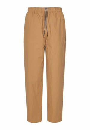 Pantaloni casual marrone chiaro con vita elastica e coulisse bianca e nera, taglio dritto.
