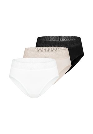 Set of three women's underwear in white, beige, and black with wide lace waistbands and full coverage style.