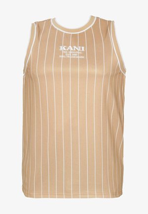 Tan ærmeløs top med hvide vertikale striber. Har rund halsudskæring og frontlogo. Fremstillet af glat, strækbart stof.