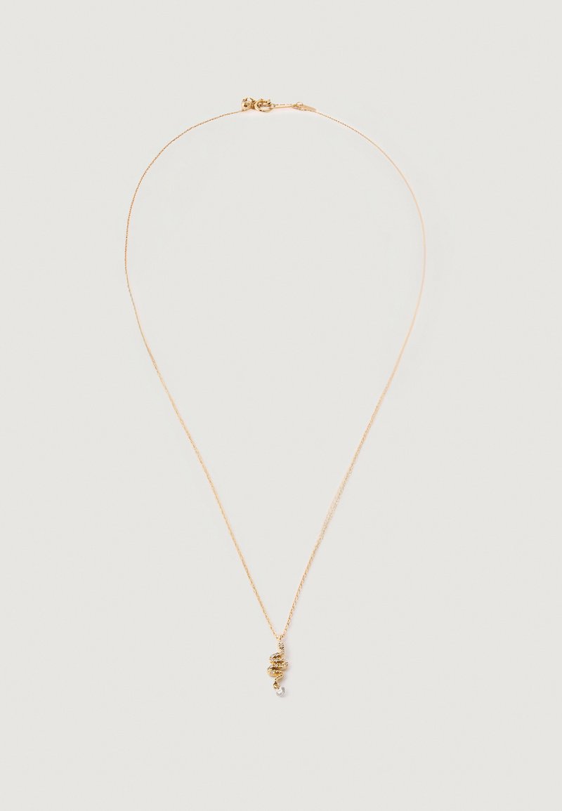 Zlatý náhrdelník s twisted spirálovým príveskom, ktorý obsahuje malý perlový akcent. Hladký, jemný povrch a kvalitné remeselné spracovanie.