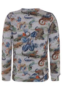 Sudadera gris con intrincados patrones de animales y plantas en colores vibrantes. Mangas largas y cuello redondo. Tela suave y texturizada.