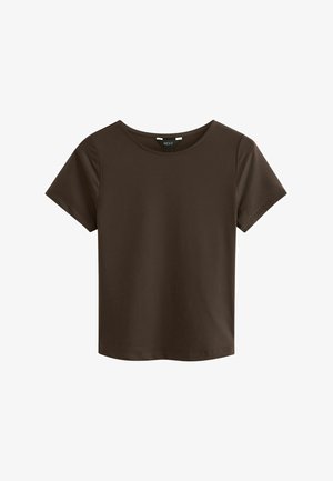 Braunes T-Shirt mit kurzen Ärmeln und rundem Ausschnitt, aus weichem Stoff gefertigt, mit einem einfachen und nahtlosen Design ohne sichtbare Logos oder Muster.