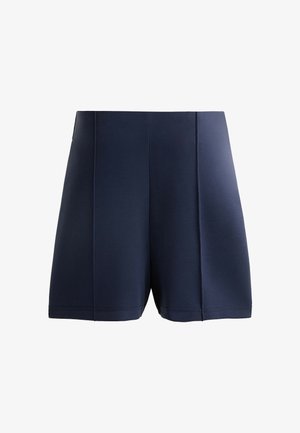 Shorts de culoare bleumarin, cu o textură netedă, având cusături finisate și un design pliat în față. Lungime până la mijlocul coapsei, fără închideri vizibile.