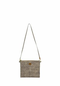 Borsa a tracolla in tessuto intrecciato con forma rettangolare, tonalità marroni neutre, tracolla regolabile e un piccolo dettaglio del logo impresso sul davanti.