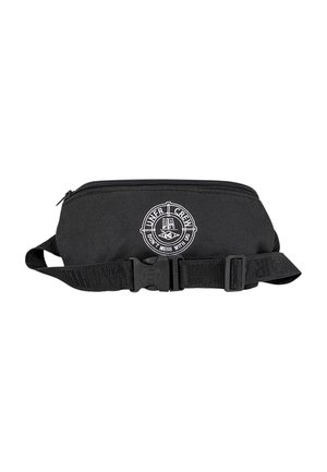 Czarna nerka z zamkiem błyskawicznym, regulowanym paskiem, plastikową klamrą oraz okrągłym białym logo z napisem "UNER CREW DON'T MESS WITH US."