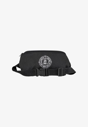 Schwarze Bauchtasche mit Reißverschluss, verstellbarem Riemen, Kunststoffschnalle und einem weißen runden Logo mit der Aufschrift "UNER CREW DON'T MESS WITH US."