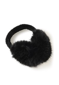 Čierne umelé kožušinové návleky na uši s mäkkou vnútornou podšívkou a zaobleným tvarom, vybavené plyšovou textúrou a širokým, polstrovaným čelenkovým pásom.