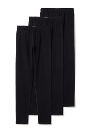 Trois paires de leggings noirs avec des tailles élastiques, posées à plat et empilées avec la plus petite paire devant.