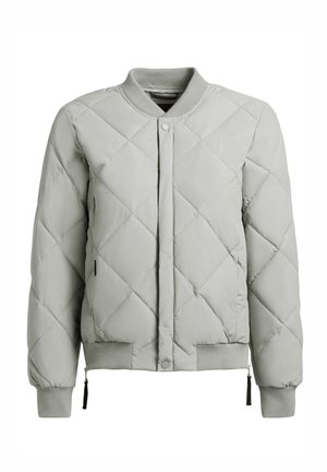 Hellgraue gesteppte Bomberjacke mit geripptem Kragen, Bündchen und Saum, vorderen Druckknöpfen und seitlichen Reißverschlussdetails.