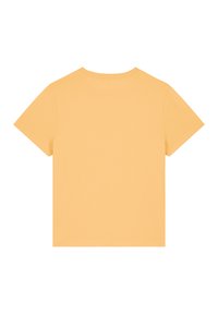 Korte mouwen T-shirt van zacht, lichtgewicht, effen gele stof. Klassieke ronde halslijn met een ontspannen pasvorm en geen extra patronen of accenten.