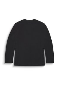 Blazer nero, taglio sartoriale, tessuto liscio, design semplice, maniche lunghe, scollatura tonda, senza hardware o motivi visibili.