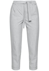 Lysegrå skræddersyede bukser med stofbælte, smalle ben, sidelommer og opsmøgede kanter. Glat tekstur med et subtilt vævet mønster.