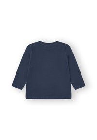 Camisa de algodón de manga larga en azul marino. Presenta un cuello redondo y una textura suave sin patrones ni adornos.