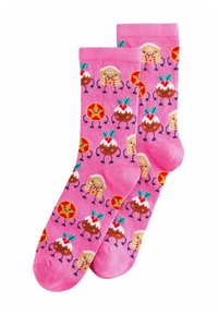 Pink socks featuring playful patterns of cartoonish food items, including gingerbread men, cakes, and star-shaped cookies.
