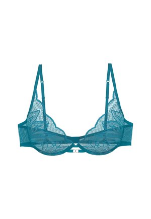 Blågrønn blonde-BH med blomstertrykk, justerbare stropper, bøyle under koppene og en dobbeltrings frontlås på hvit bakgrunn.