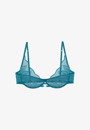 Σουτιέν από δαντέλα σε τιρκουάζ χρώμα με λουλούδια, ρυθμιζόμενους ιμάντες, μπανέλες και διπλό κρίκο μπροστινό κούμπωμα σε λευκό φόντο.