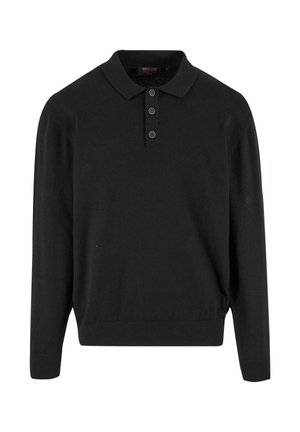 Black long-sleeve polo sweater with three front buttons and ribbed cuffs and hem, displayed on a white background.