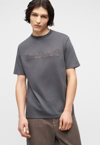 Νεαρός με μεσαίου μήκους σκούρα μαλλιά, που φοράει γκρι μπλούζα με το λογότυπο Timberland και καφέ παντελόνι, στέκεται μπροστά σε απλό φωτεινό φόντο.