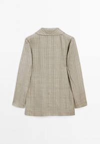 Gevlekt beige blazer met een kraagnek, lange mouwen en een rechte snit. Bevat fijne lijnen in donkerdere tinten voor textuur.