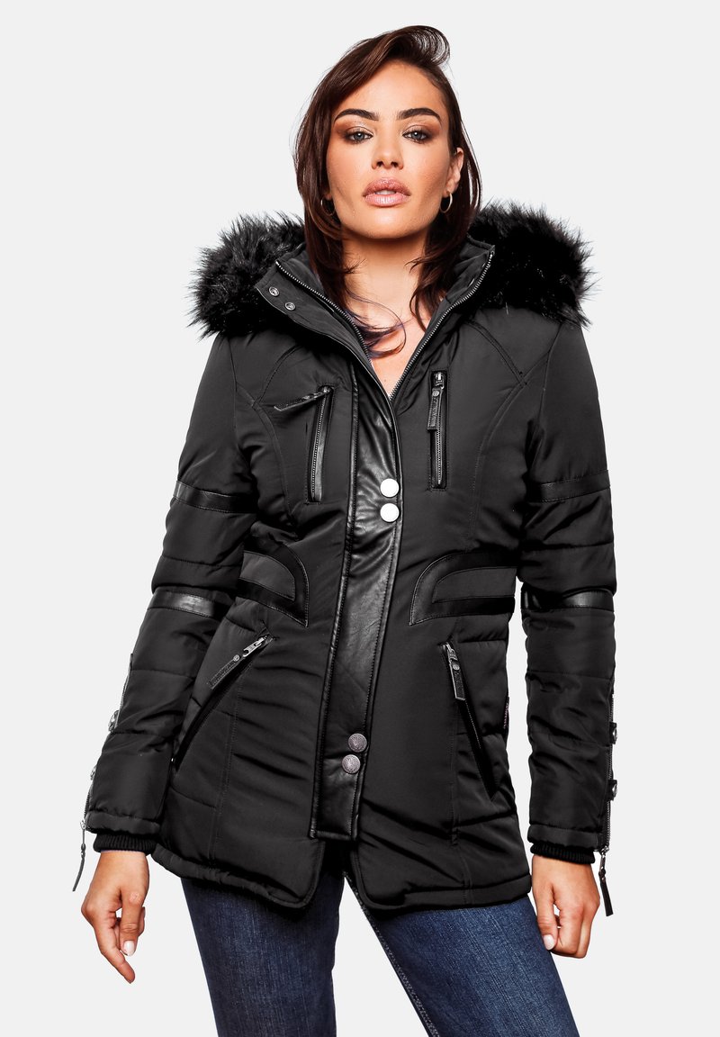 Black insulated jacket with faux fur hood, featuring a zip front, multiple zippered pockets, and leather accents. Padded, tailored fit.
