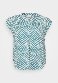 Sleeveless shirt in light cream with teal geometric patterns, featuring a round neck and pleats down the front for added texture.