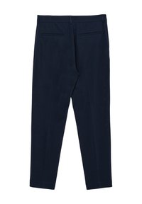 Marineblaue Hose mit geradem Schnitt, zwei Gesäßtaschen und glatter Textur. Verfügt über einen Bund und Bügelfalten vorne.