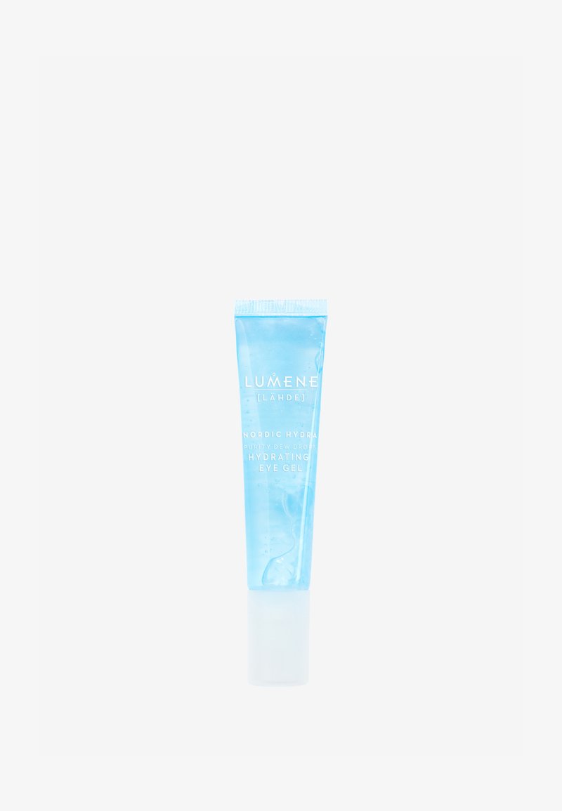 Blauwe doorzichtige tube van Lumene Nordic Hydra Purity Dew Drops hydraterende ooggel met witte dop op een witte achtergrond.