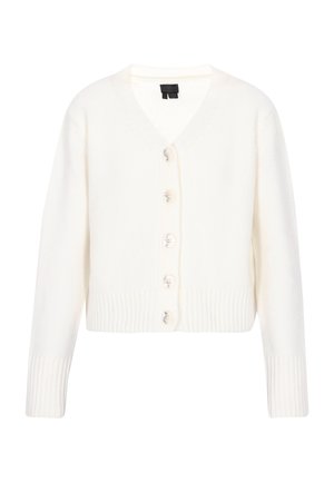 Bílý pletený cardigan s výstřihem do V, žebrovanými manžetami a lemem. Má šest knoflíků vpředu, hladkou texturu a zkrácenou délku.