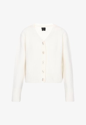 Weißer Strickcardigan mit V-Ausschnitt, gerippten Bündchen und Saum. Mit sechs Knöpfen auf der Vorderseite, glatter Textur und verkürzter Länge.